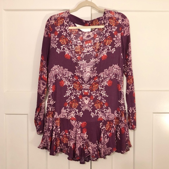 Free People Berry Purple Floral Open Back Tunic Printed Flowy Mini Dress - Picture 4 of 16